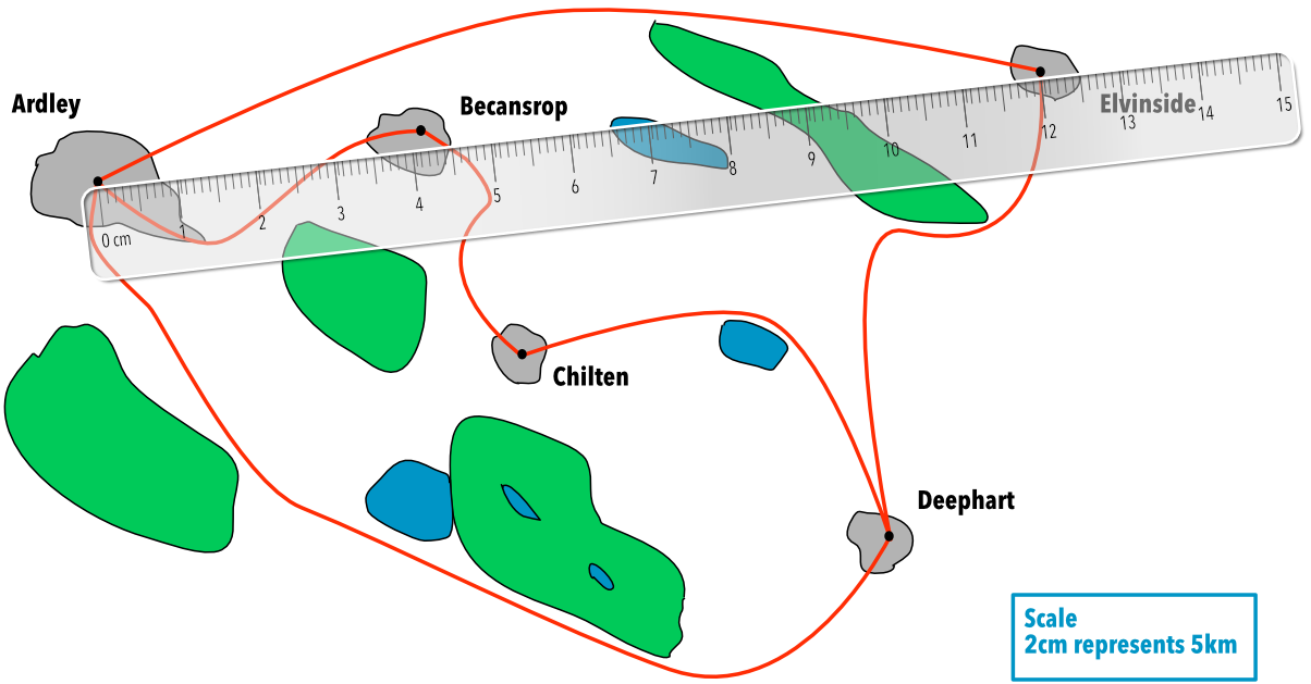 Map of Ardley - Elvinside with ruler for scales